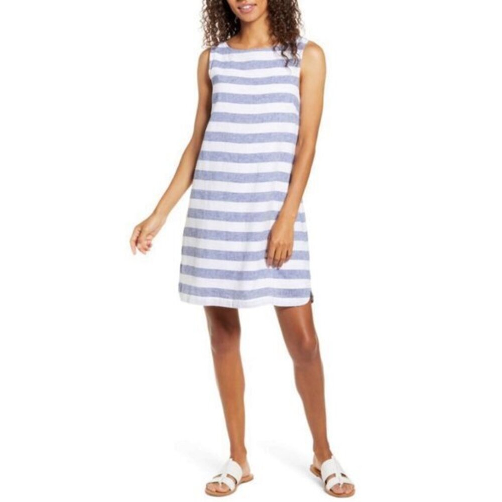 BEACHLUNCHLOUNGE Size M Womens Alina Stripe Linen Cotton Shift Dress Blue White